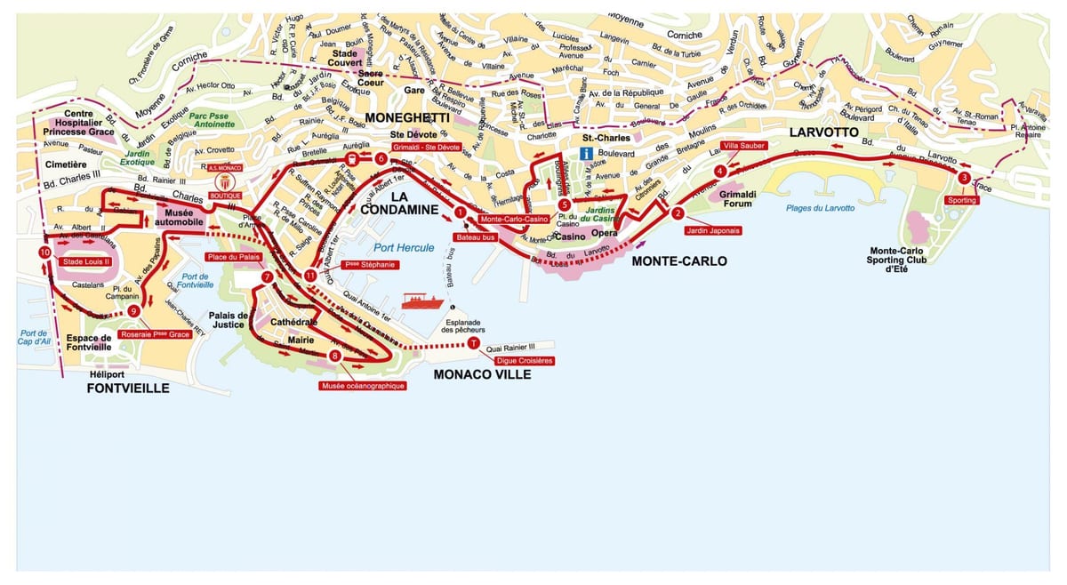 Mapa de excursiones en autobús "Hop On Hop Off" de Mónaco